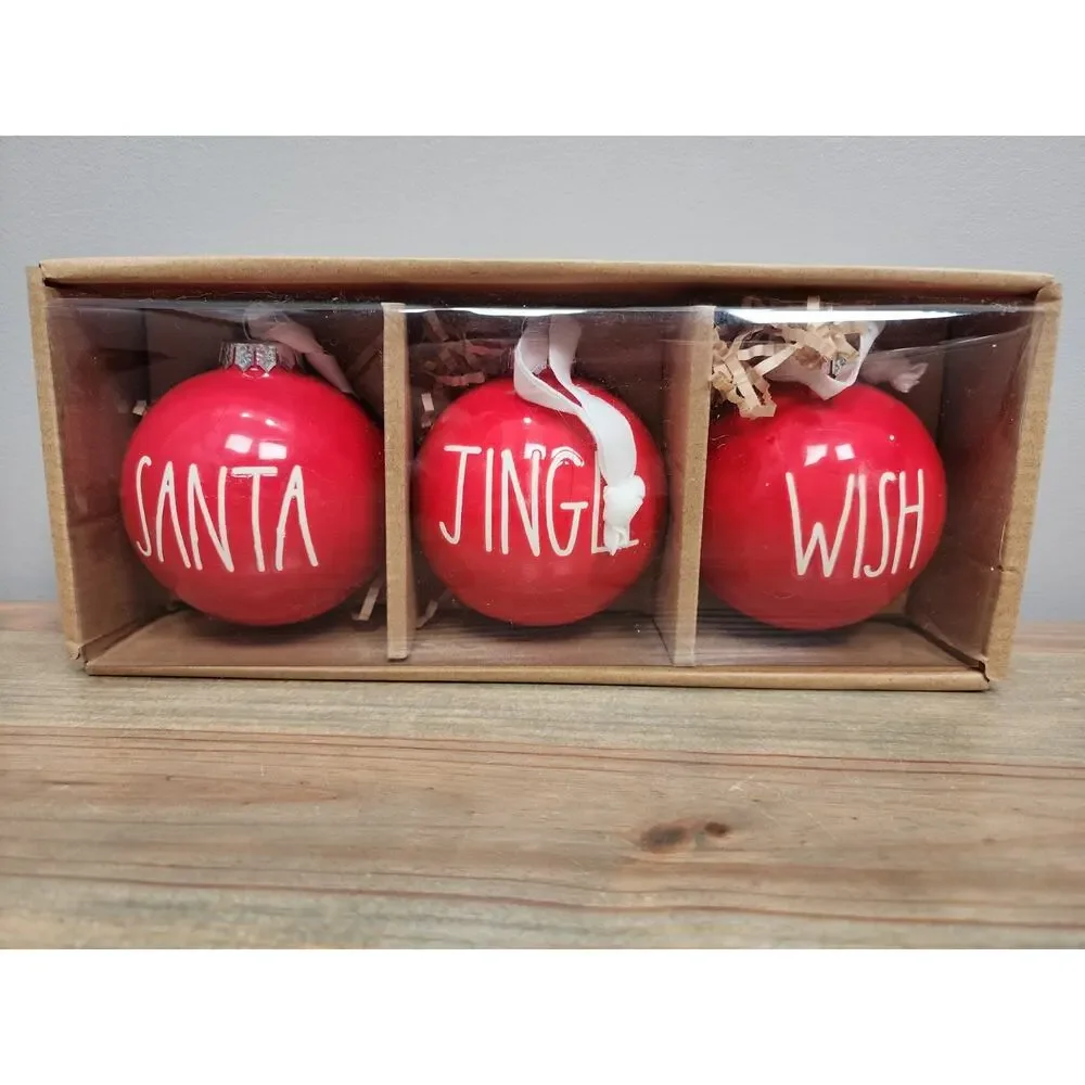 RAE DUNN~RED ORNAMENTS 3 PIECE SET~(JINGLE-SANTA-WISH)